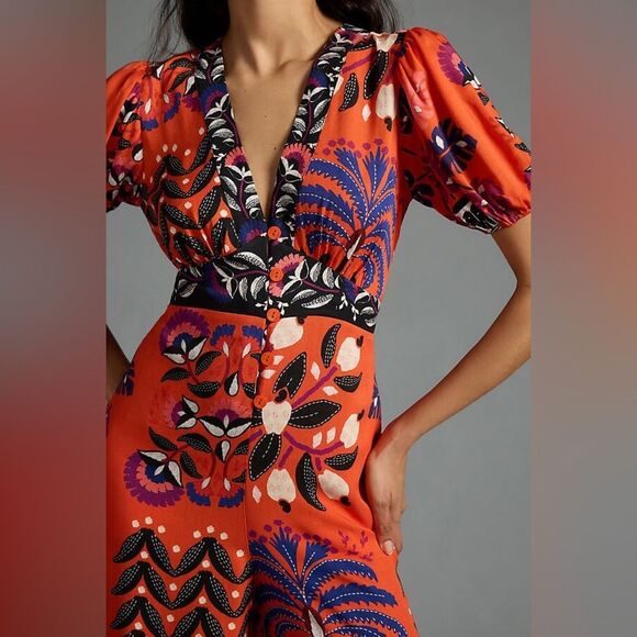 Anthropologie Farm Rio Printed Deep-V Puff-Sleeve Jumpsuit – Size L - Picture 4 of 8